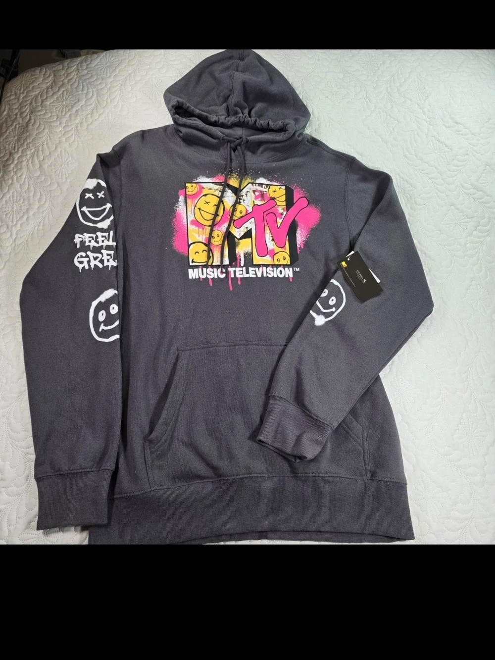 MTV Men's Hoodie Medium Grey Neon Graffiti Smiley Face Graphic Pullover-  NWT